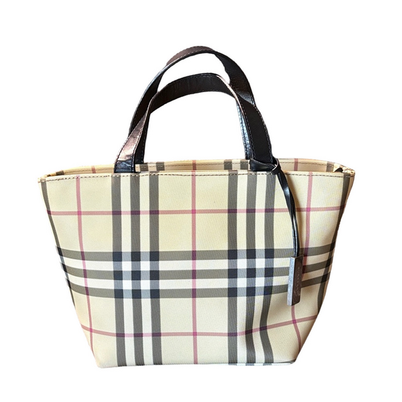 Burberry Handbags - Burberry Beige Check Tote  Small with Black Handles